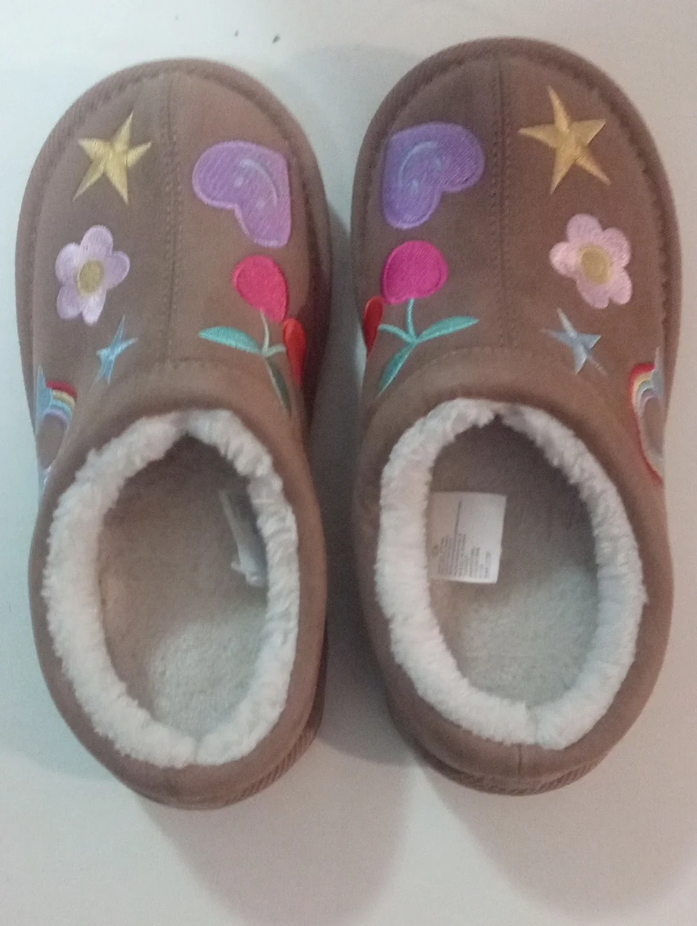 Kids Brown Cozy Slipper Shoes with Colorful Embroidered Hearts & Stars Sz 13 New